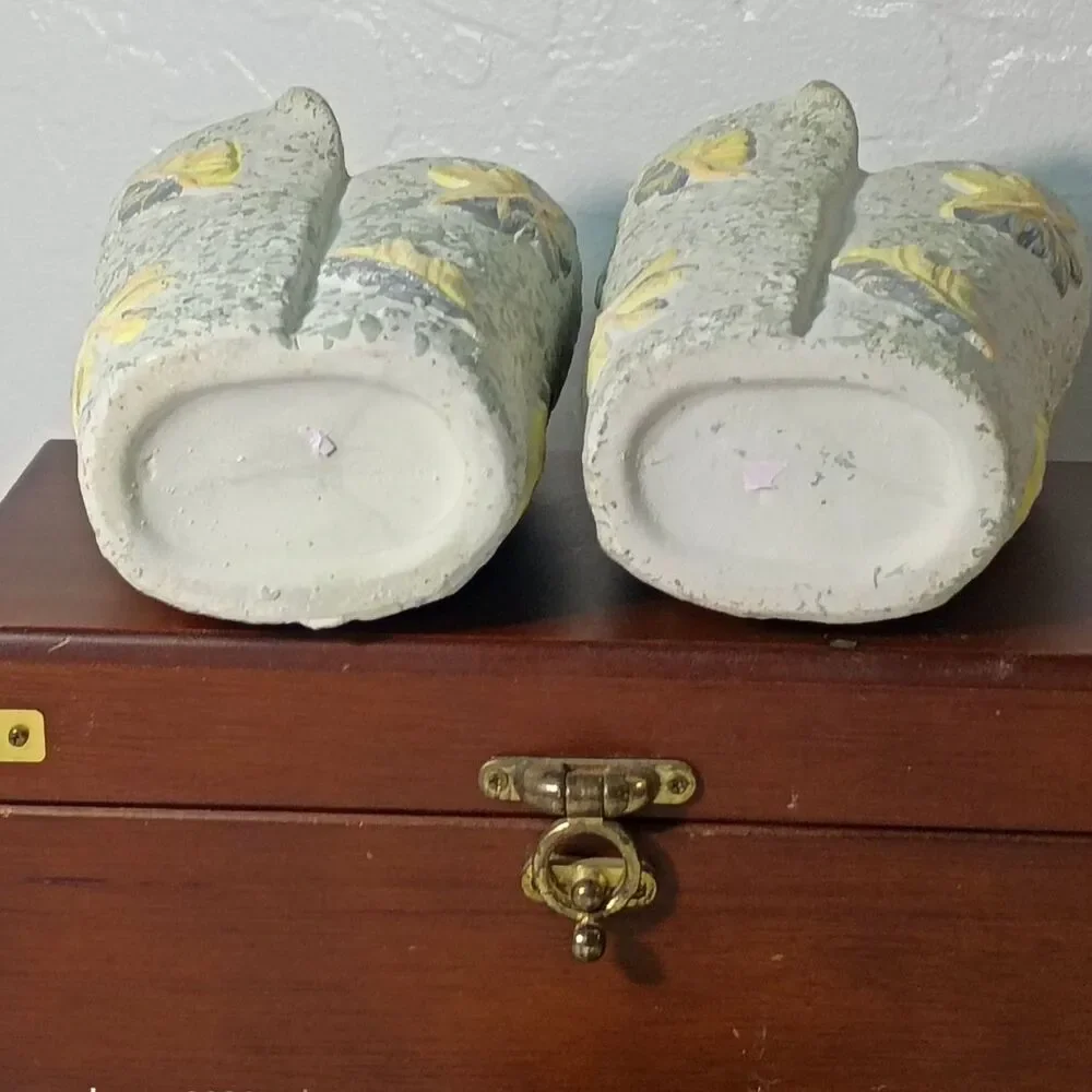 Handcrafted White Ceramic Vases with Yellow Leaves, Handpainted Clay Pottery